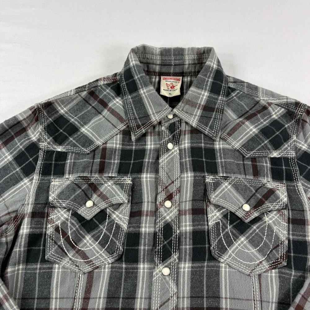 True Religion Western Shirt Mens‎ XL Lot of 2 Plaid Pearl Snap Up Long Sleeve